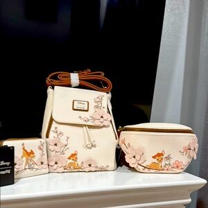 Loungefly cherry blossom Bambi backpack, wallet, and fanny pack